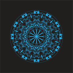 Intricate Blue Mandala Design on Black Background - Geometric Pattern, Symmetrical Art, Decorative Circular Illustration for Meditation, Mindfulness, and Artistic Projects

