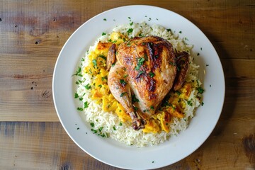 Fototapeta premium a white plate with a roast chicken on white and yellow rice