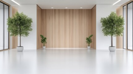 Fototapeta premium Modern, spacious, minimalist interior design. Empty room with light wood paneling, large windows, and potted trees
