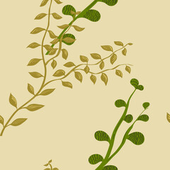seamless pattern tile illustration of leaves and branches in olive and dark green