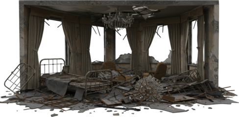 Destroyed Room Interior Debris Shattered Windows Damaged Furniture and a Fallen Chandelier