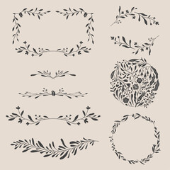 Art nouveau flower frame. Flower and leaf border, branch, wreath, garland decoration. Botanical vector illustration. Vintage antique classic floral graphic element. 