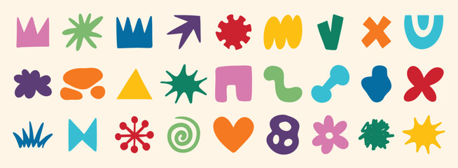 colorful organic doodle hand drawn colorful set. shapes and squiggles childish style. Abstract funny cute kids shapes elements. naive art