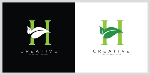 Letter H leaf logo, natural green leaf symbol.