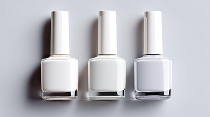 Obraz premium Three bottles of nail polish are lined up on a table. The bottles are all white and have clear tops. Concept of organization and order, as the bottles are neatly arranged in a row