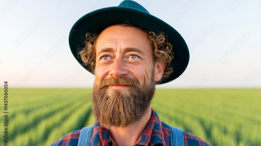Poster man with a beard and a hat is smiling. he is standing in a field of green grass
