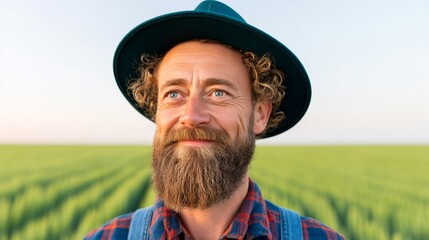 Fototapeta premium Man with a beard and a hat is smiling. He is standing in a field of green grass