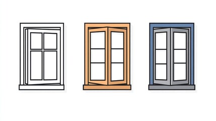 Three window styles, open and closed, illustration for home design