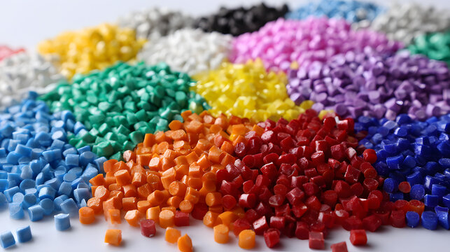close up of various colored plastic granules arranged on a white background, Polymer plastic beads resin polymer