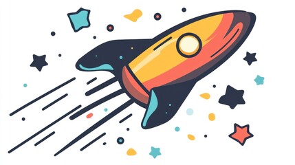 Naklejka premium Cartoon rocket launching into space, stars background, children's book illustration