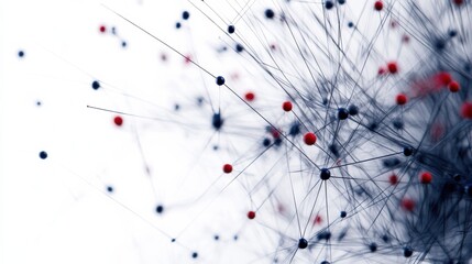 Abstract Network Formation with Black and Red Nodes on Light Background, Digital Art Representation