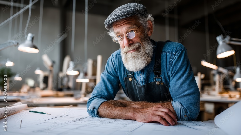 Poster man with a beard and a gray hat is sitting at a desk with a blueprint in front of him