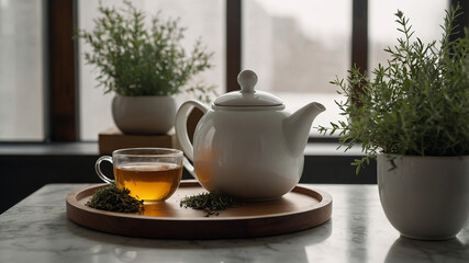 A glass teapot filled with lightly colored herbal tea is placed on a small wooden tray. Two minimalist ceramic mugs with a matte white finish sit next to the teapot, one partially filled