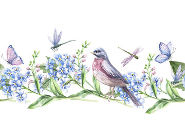Seamless border with curved branches of forget-me-not and a bird. Isolated watercolor illustration of bouquets for design of packaging of cosmetic products, candies, printing on clothes.