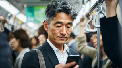 Fototapeta premium Man is looking at his cell phone in a crowded subway car. The man is wearing a suit and tie