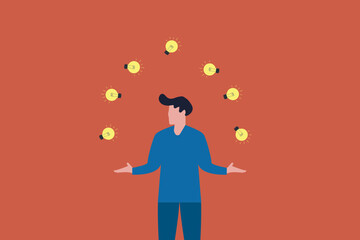 Businessman juggling with light bulbs. concept of of risks taken to generate ideas to increase revenue