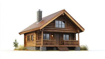 charming wooden cabin with rustic design, featuring stone chimney and welcoming porch