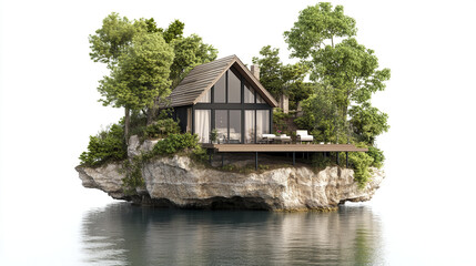 Obraz premium modern vacation home surrounded by lush greenery on rocky island, offering serene views