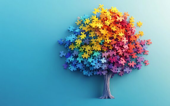 Colorful puzzle pieces forming a tree. Solution concept.