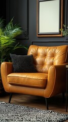 Fototapeta premium Tan armchair with dark cushion in room with dark wall and plant.
