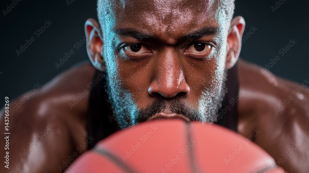 Aufkleber man with a basketball in his hand. he is sweating and looking at the camera. concept of determinatio