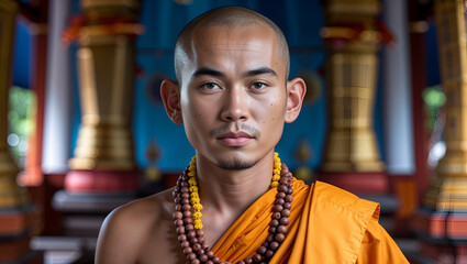 Buddhist Monk in Saffron Robes in Prayer Pose Inside a Serene Temple with Wooden Architecture and Soft Lighting
