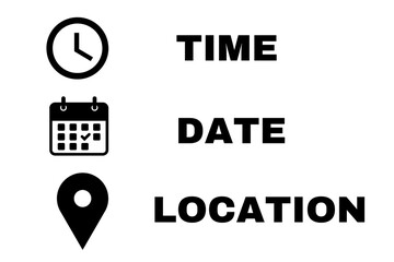 Clock, calendar, location. Time, date and address icon set.
