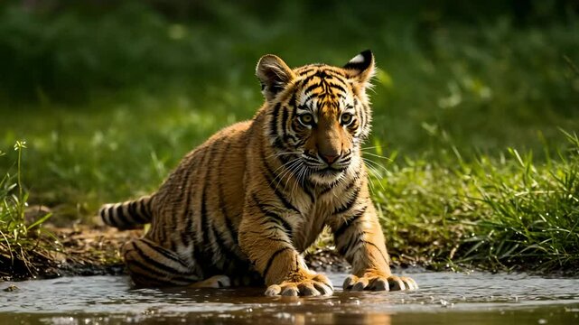 A tiger cub slipping into a shallow stream, splashing water