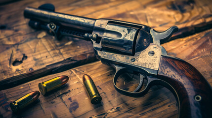 Obraz premium ​Vintage Revolver with Spent Bullet Casings on Aged Wooden Table, Classic Firearm Display for Historical Reenactments, Crime Scene Reconstruction, or Western Genre Cinematic Themes​​