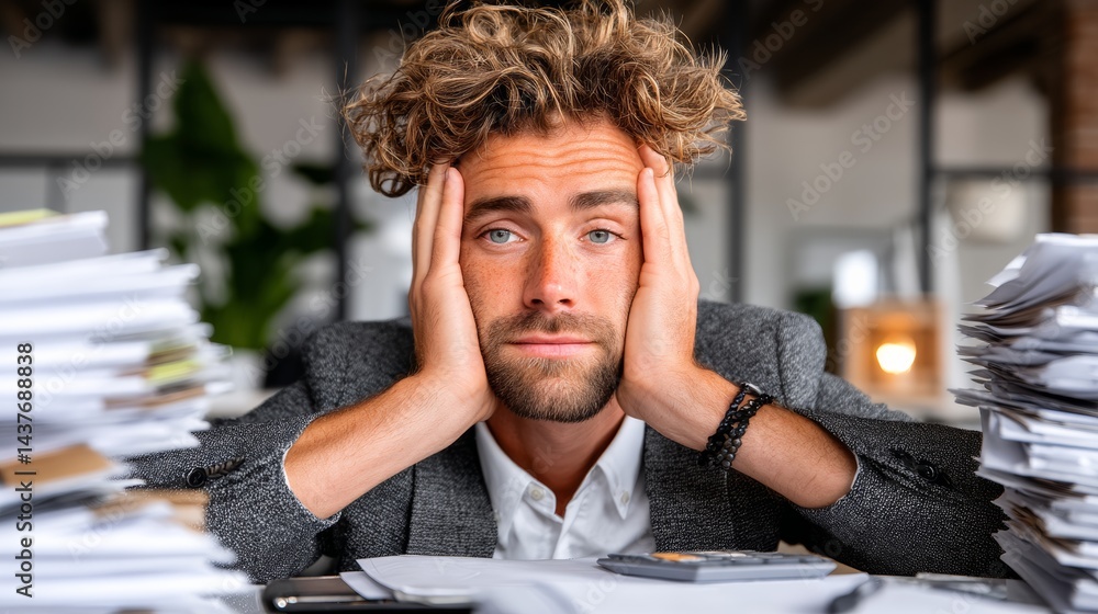 Aufkleber man in a suit is sitting at a desk with piles of papers and a calculator. he is stressed and overwhe