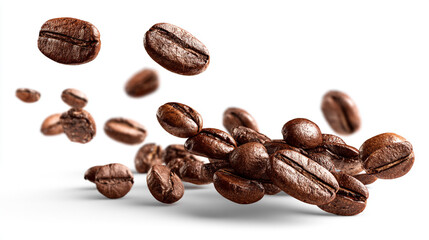 Fototapeta premium Flying Roasted Coffee Beans Isolated on White Background, Floating coffee beans isolated on white background,