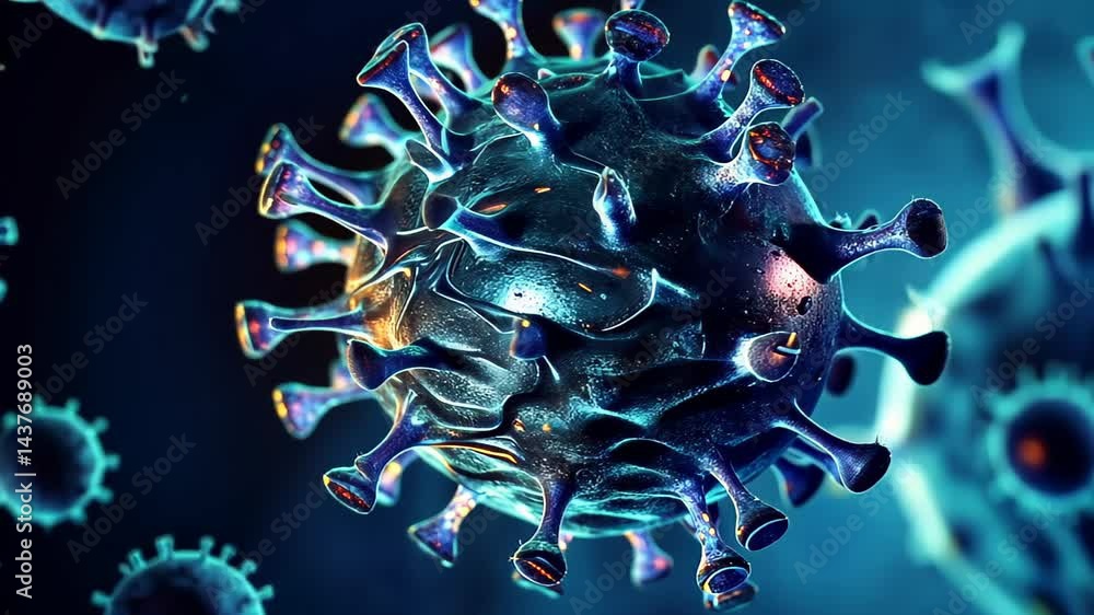 Poster exploring the intricate details of a virus under a microscope at a research facility generative ai