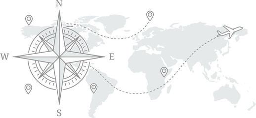 Minimalist Travel Compass Rose with Airplane