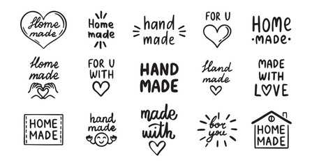 vintage old style hand made and made with love labels writings set. Hand drawn doodle outline drawing hand made line clipart symbol