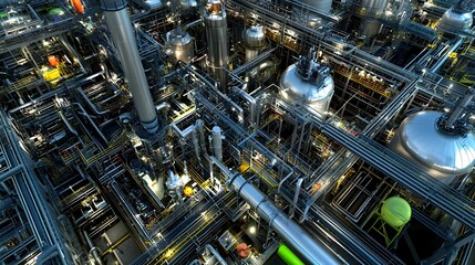 Fototapeta premium Detailed Overview of Industrial Facility with Tanks and Pipes Arrangement