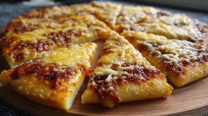 Sliced pepperoni and meat pizza on wooden board, kitchen background, delicious cheese pizza on wooden board