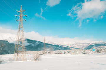 日本の雪景色と鉄塔,Snowy landscapes and steel towers in Japan