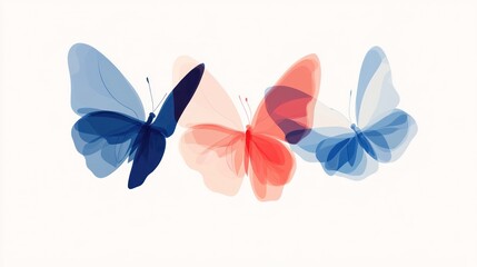 Fototapeta premium Three translucent butterflies flying, white background, nature, design