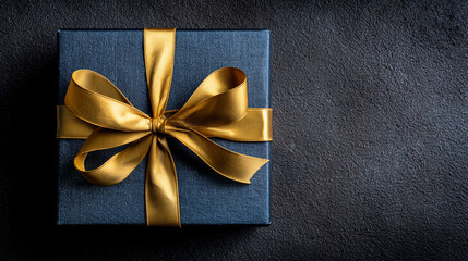 A blue box with gold ribbon on top of it, A blue box with gold ribbon on top of black background