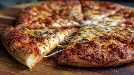 Cheese pizza on wooden board, rustic setting, A classic cheese pizza, sliced and ready to eat, on a wooden board, Cheesy garlic bread pizza cut into slices and served on a wooden tray