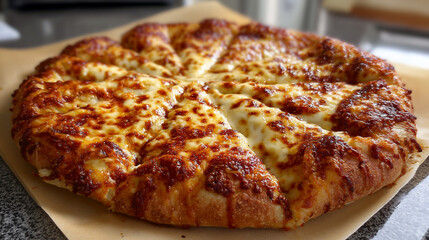 Cheese Pizza with Bubbling Mozzarella and Oregano, Freshly Baked Pepperoni Pizza with Herbs on Wooden Board Surface