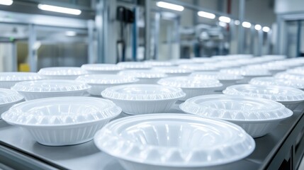 White Disposable Plastic Plates on Factory Production Line in Food Manufacturing Plant