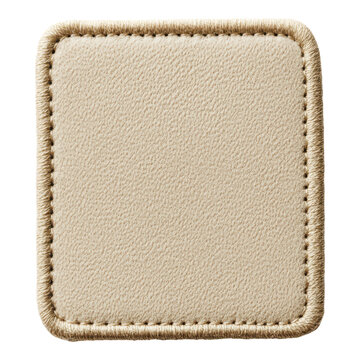 A square beige leather patch with stitched edges and a smooth texture.