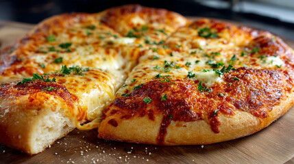 A rustic wood-fired pizza served with a blend of cheeses, sliced cheesy pizza on wooden board, freshly baked cheese pizza sliced into equal pieces on a wooden board, ready to serve