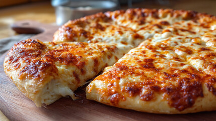 A rustic wood-fired pizza served with a blend of cheeses, sliced cheesy pizza on wooden board, freshly baked cheese pizza sliced into equal pieces on a wooden board, ready to serve