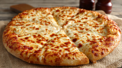 A rustic wood-fired pizza served with a blend of cheeses, sliced cheesy pizza on wooden board, freshly baked cheese pizza sliced into equal pieces on a wooden board, ready to serve