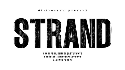 Strand: Distressed Condensed Typeface. Heavyweight bold style with raw ink textures. Ideal for hardcore bands, metal gigs, and underground poster art.
