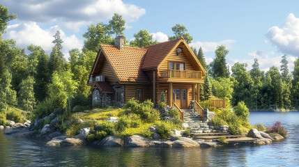 Obraz premium charming wooden cabin surrounded by lush greenery and serene lake, perfect for relaxation