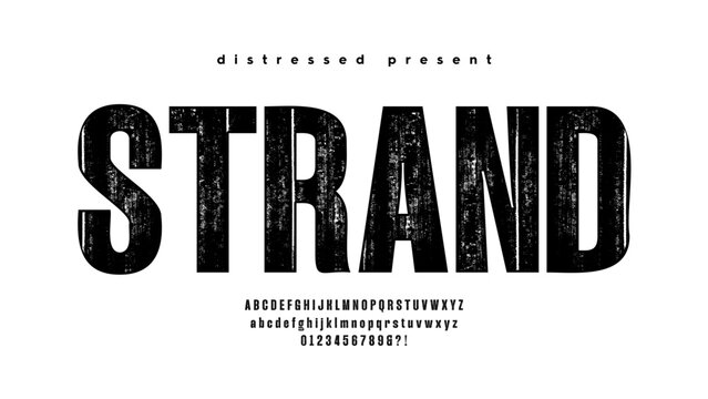 Strand: Distressed Condensed Typeface. Heavyweight bold style with raw ink textures. Ideal for hardcore bands, metal gigs, and underground poster art.