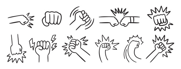  fist and fight related doodle hand drawn icon set. Outline drawing fist and fight related line clipart symbol collection